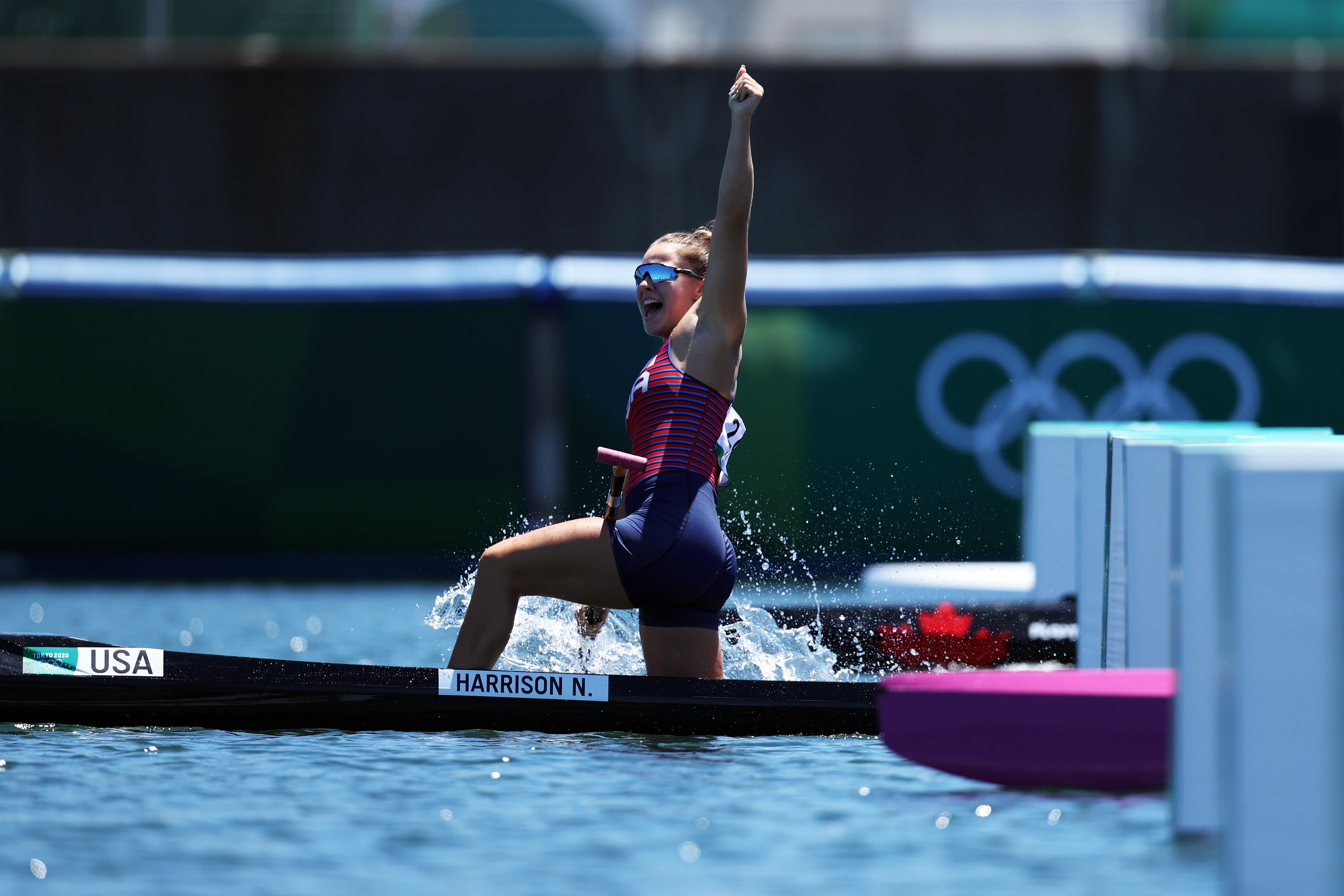 Nevin Harrison of Team United States reacts to winning the gold medal in the Women's Canoe Single 200m Final A on day thirteen of the Tokyo 2020 Olympic Games at Sea Forest Waterway on August 05, 2021 in Tokyo, Japan.