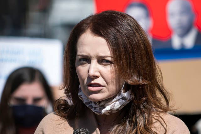 <p>In this March 20, 2021 file photo, Lindsey Boylan speaks at a rally calling for Cuomo’s impeachment at Washington Square Park in New York</p>