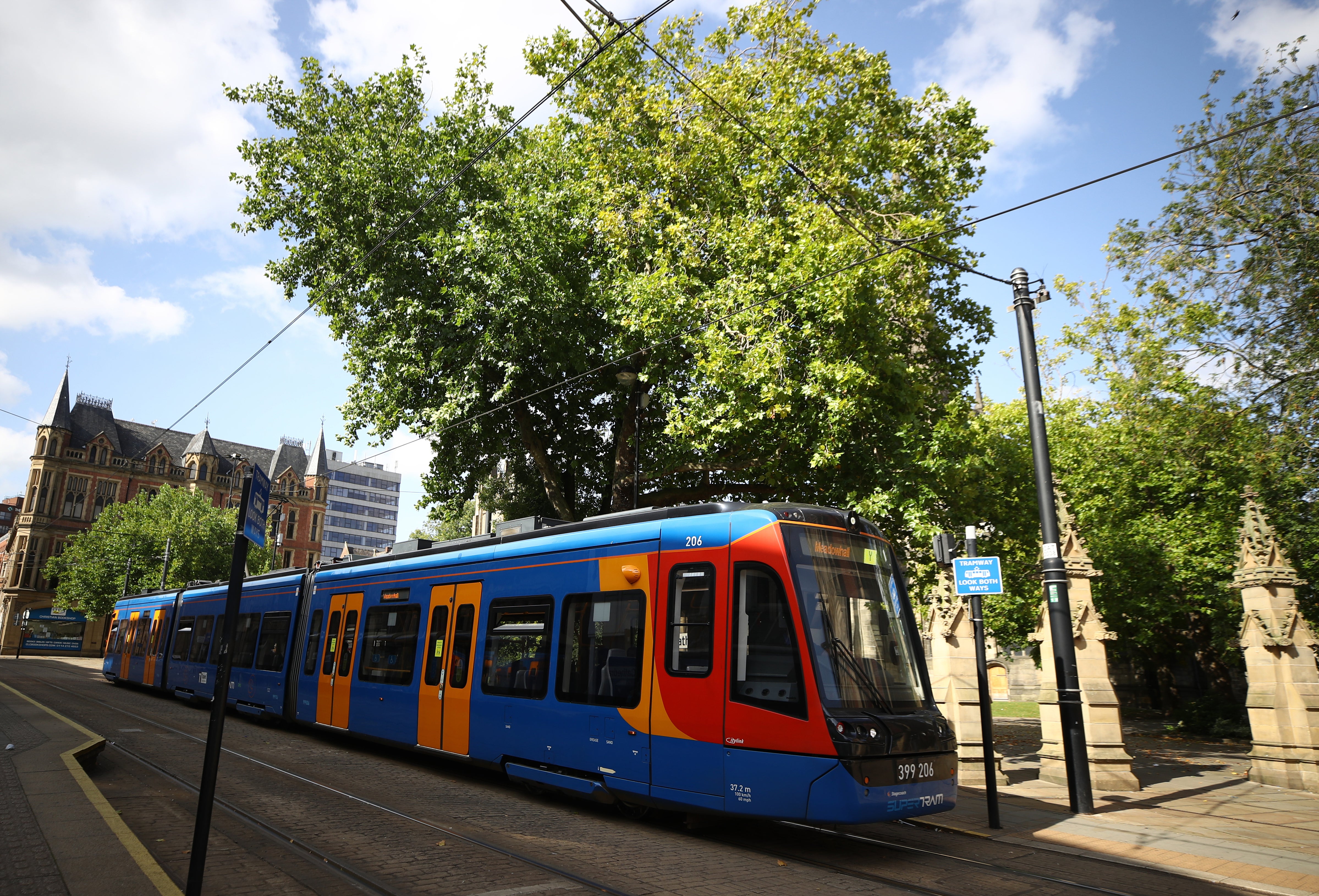 A tram outside Sheffield Cathedral (Tim Goode/PA)