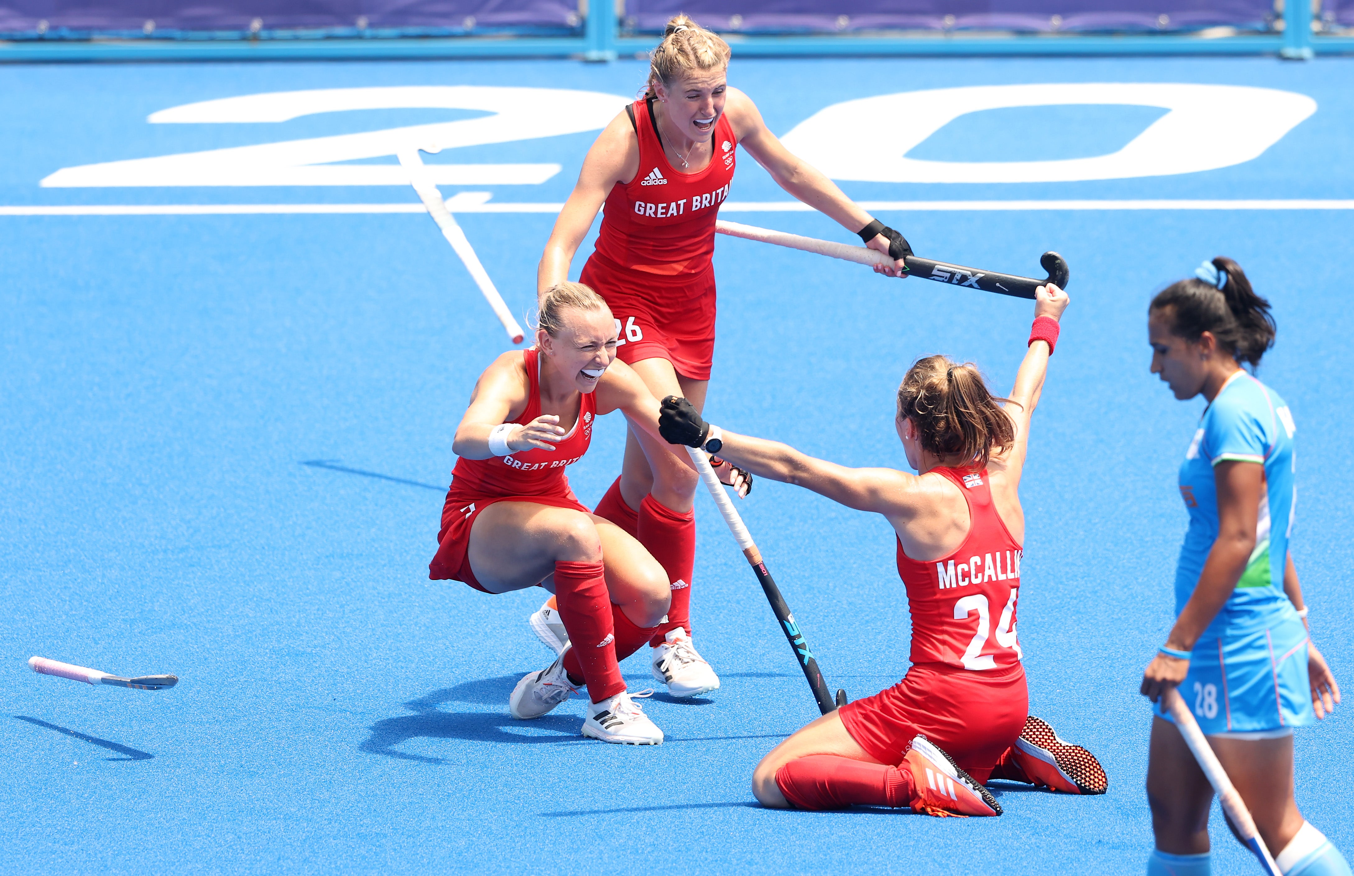 Shona McCallin and Lily Owsley of Team Great Britain celebrate after winning the Women’s Bronze medal match between Great Britain and India