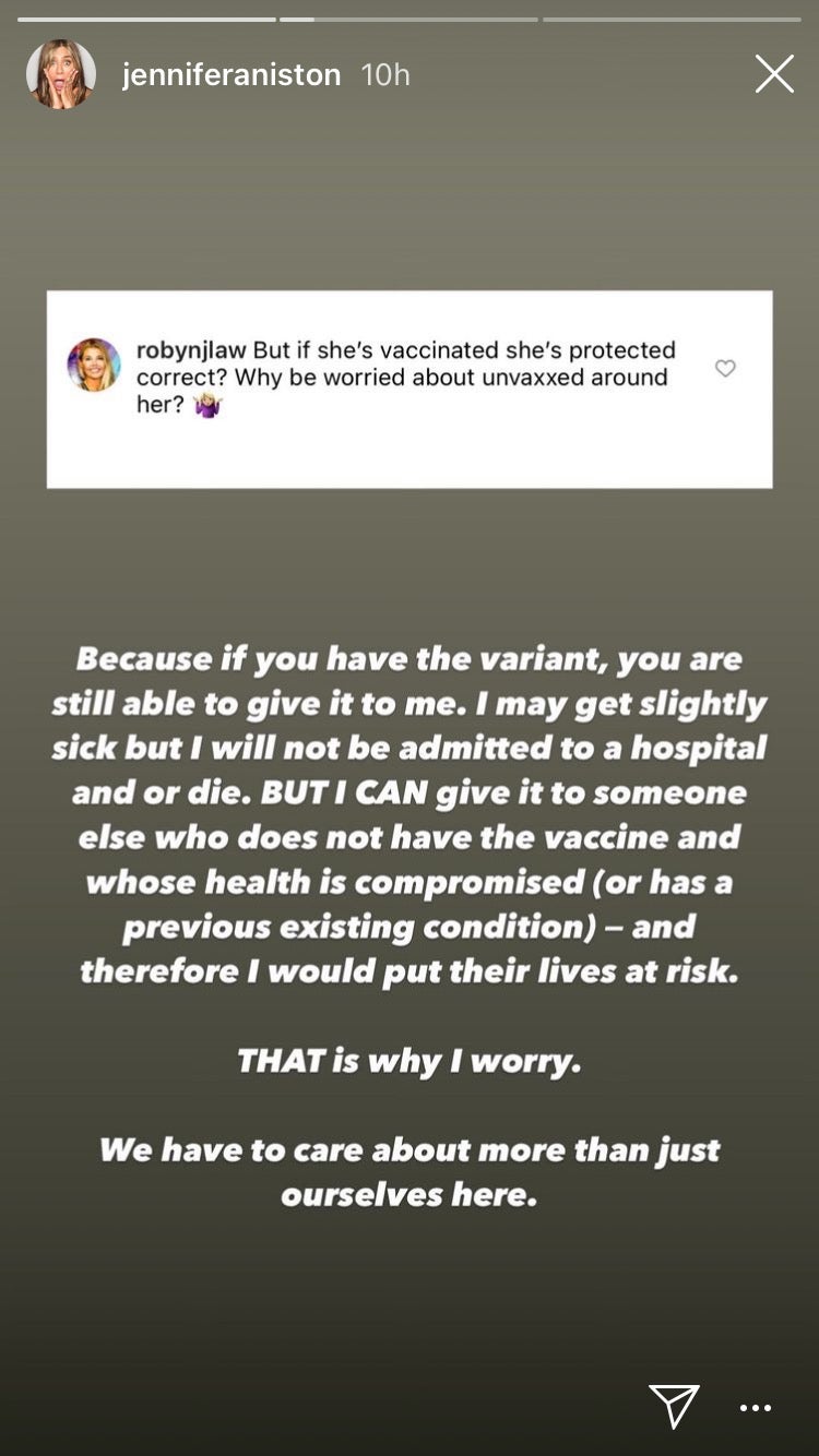 Aniston addressed criticism on her Instagram Story