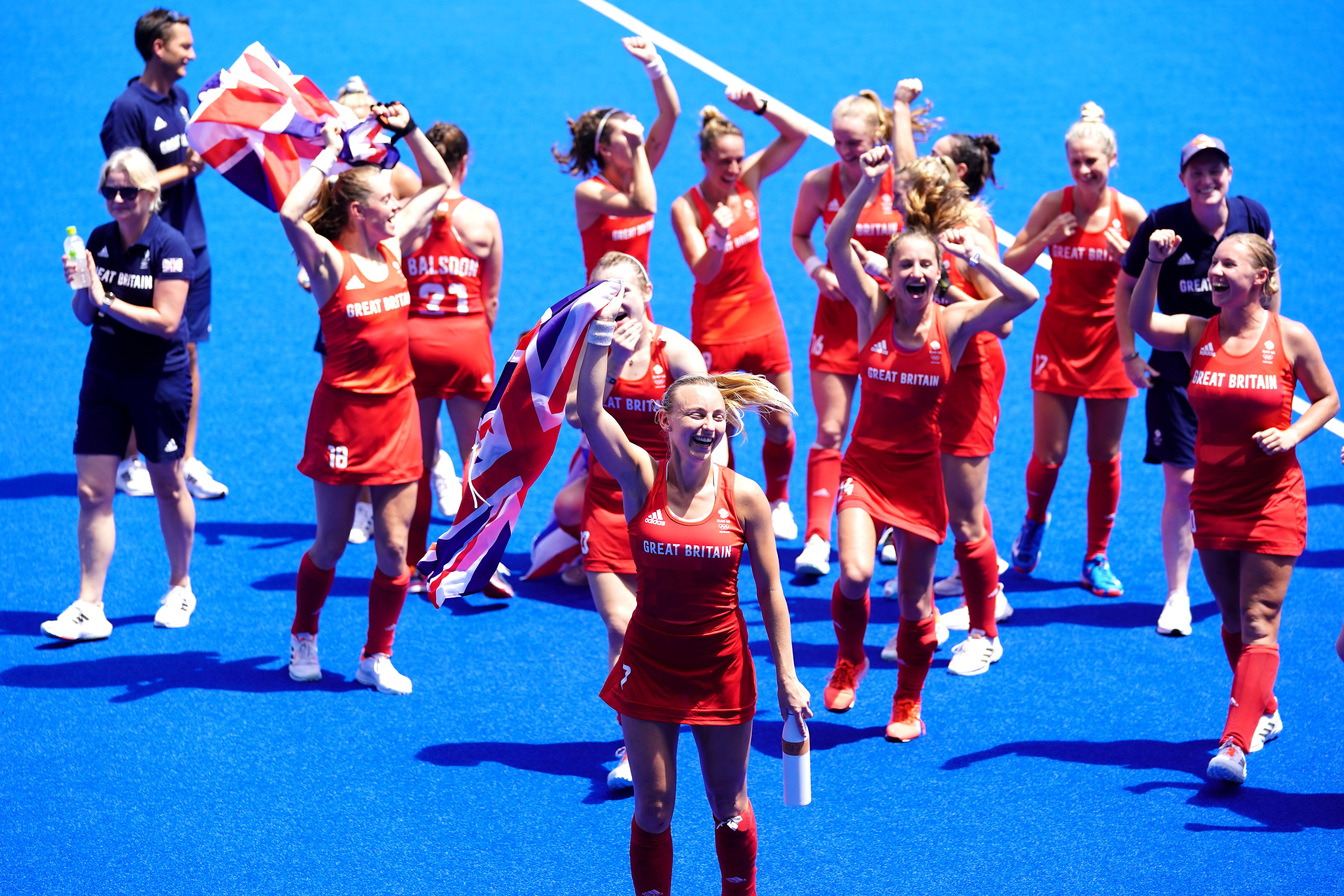 Great Britain celebrate winning bronze in the women’s hockey (Adam Davy/PA)