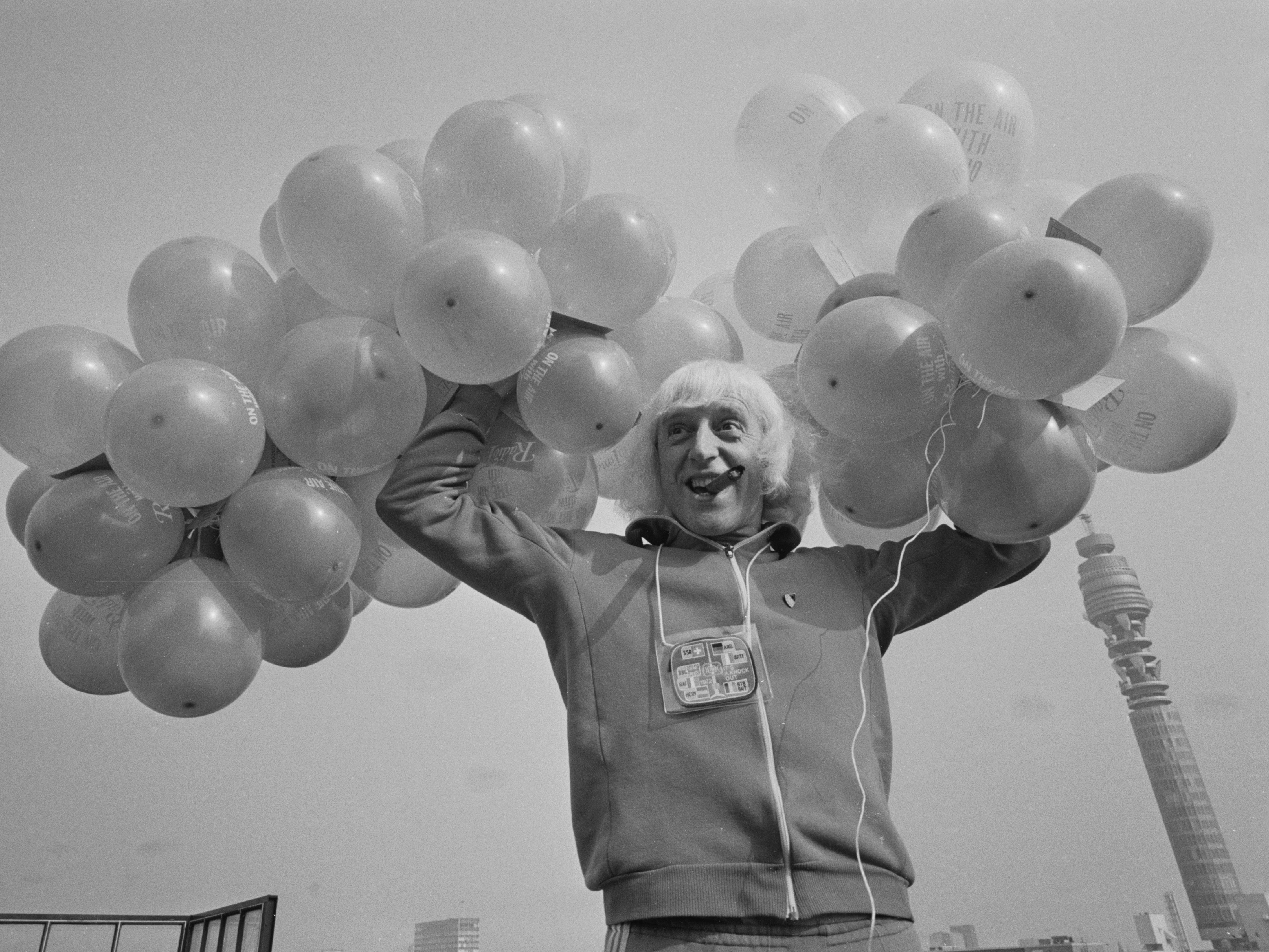 Jimmy Savile on the roof of Broadcasting House in London to celebrate the fifth anniversary of BBC radio, 30 September 1972