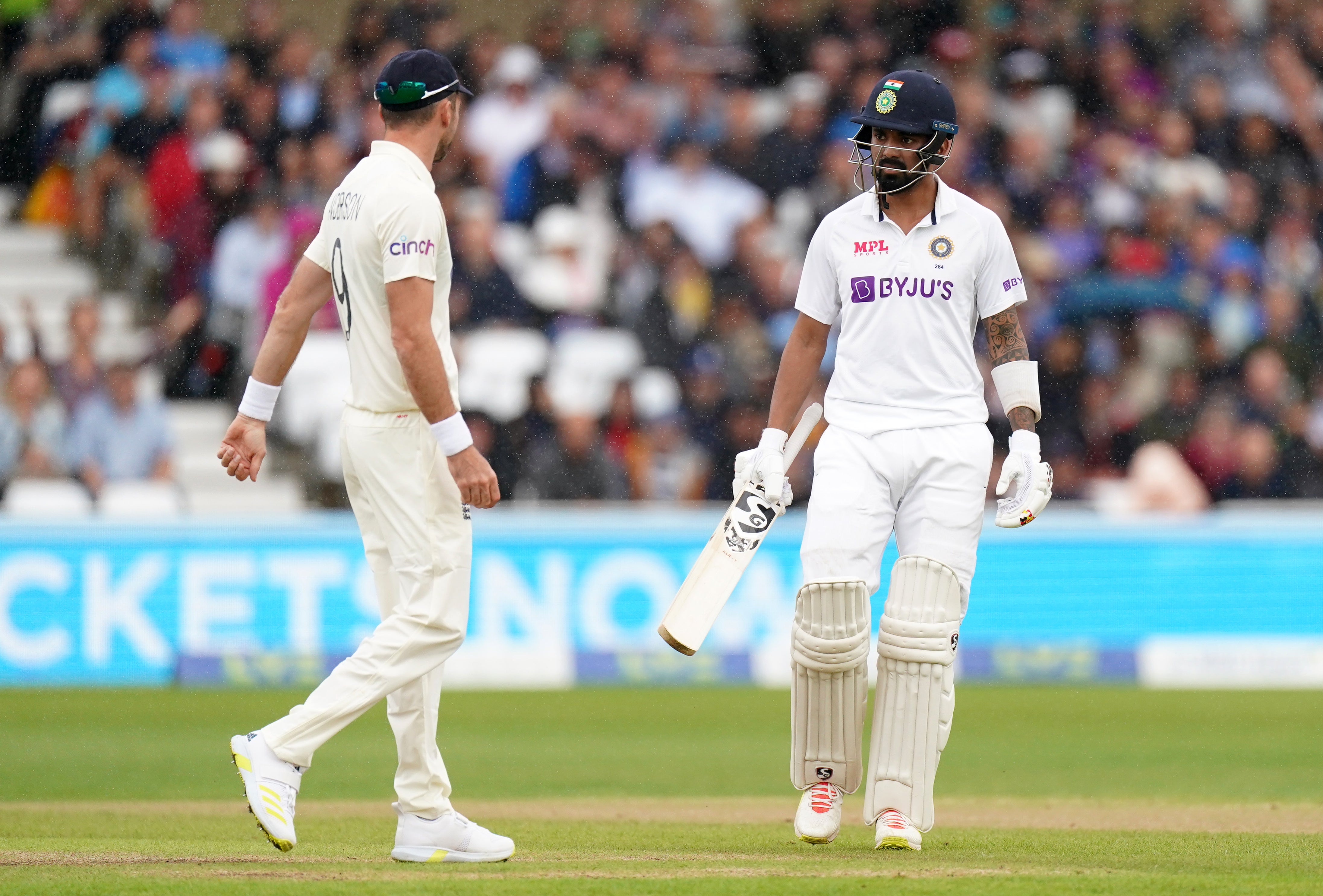 India’s KL Rahul (right) exchanges words with England’s Jimmy Anderson (Tim Goode/PA)