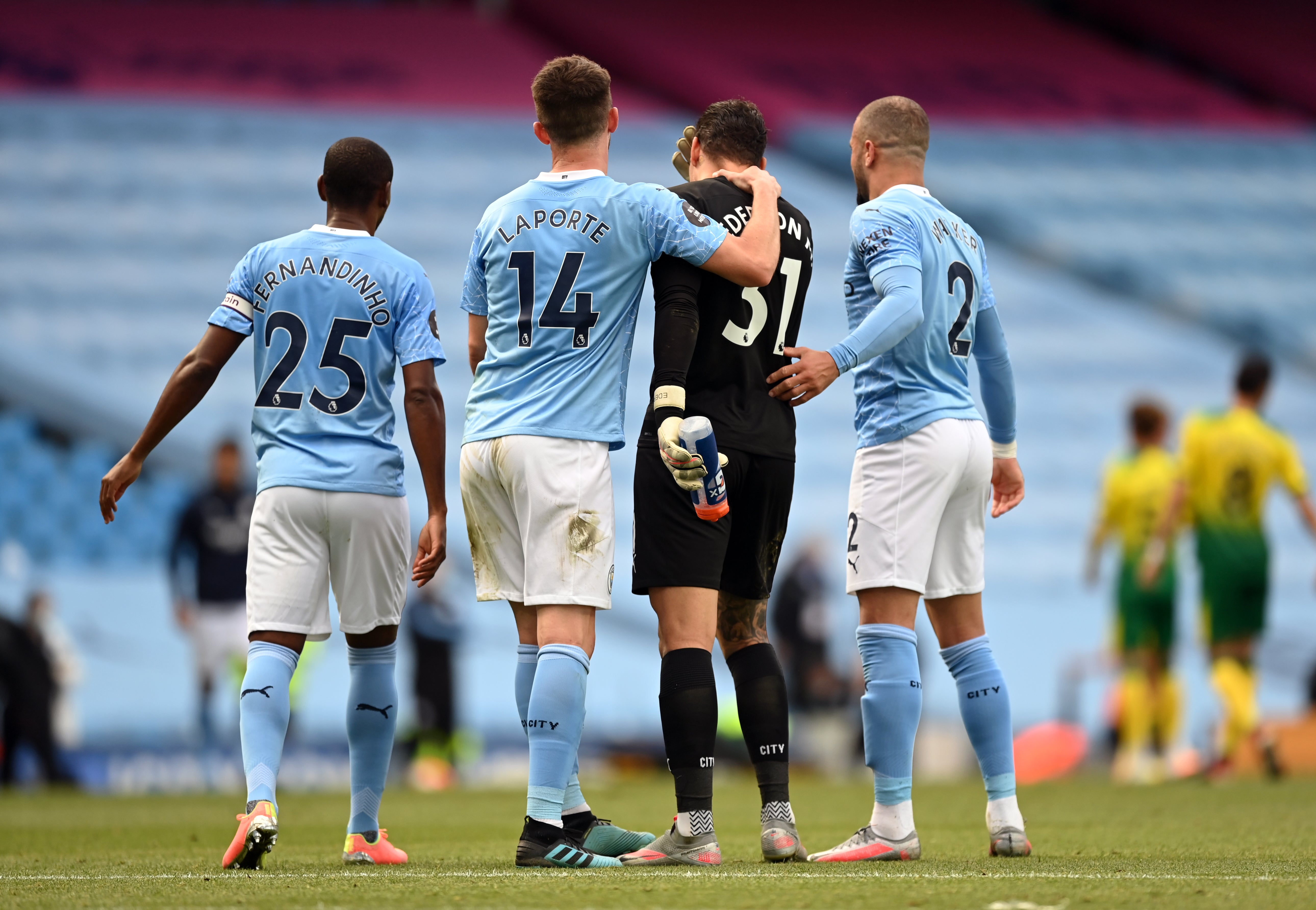 Aymeric Laporte, Ederson and Kyle Walker, second left to right, contributed to 2017-18’s spending spike (Shaun Botterill/PA)