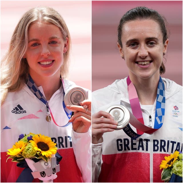 Keely Hodgkinson, left, and Laura Muir celebrate silver medals in Tokyo (Martin Rickett/Joe Giddens/PA)