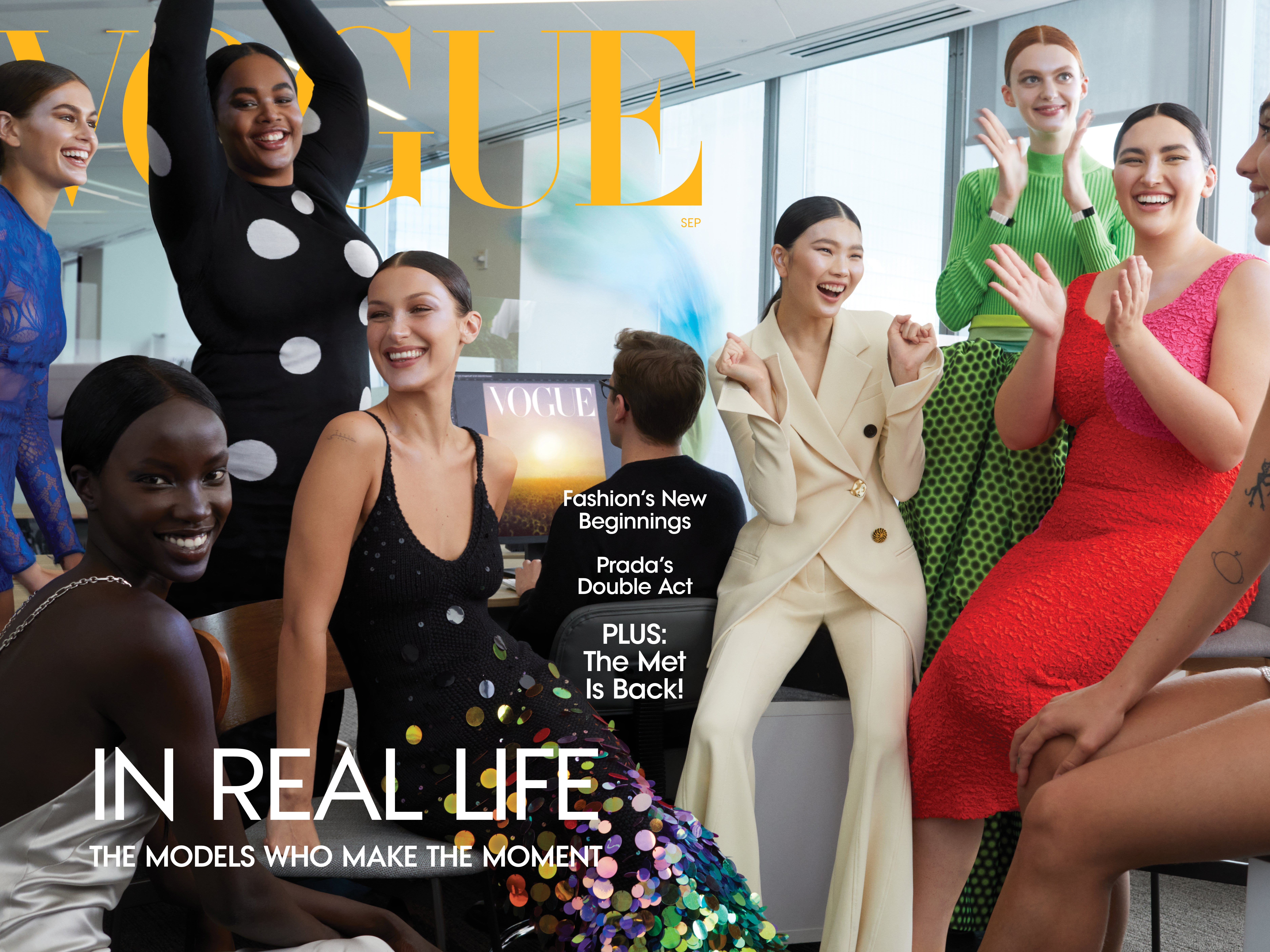 US Vogue’s September issue cover, featuring (L to R) Kaia Berger, Anok Yai, Precious Lee, Bella Hadid, Sherry Shi, Ariel Nicholson, Yumi Nu and Lola Leon