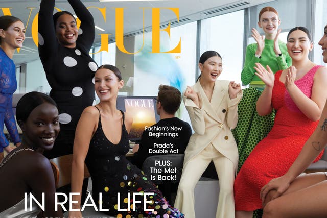 <p>US Vogue’s September issue cover, featuring (L to R) Kaia Berger, Anok Yai, Precious Lee, Bella Hadid, Sherry Shi, Ariel Nicholson, Yumi Nu and Lola Leon</p>