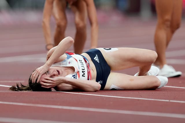 Great Britain’s Laura Muir reacts after crossing the line to win silver (Martin Rickett/PA)