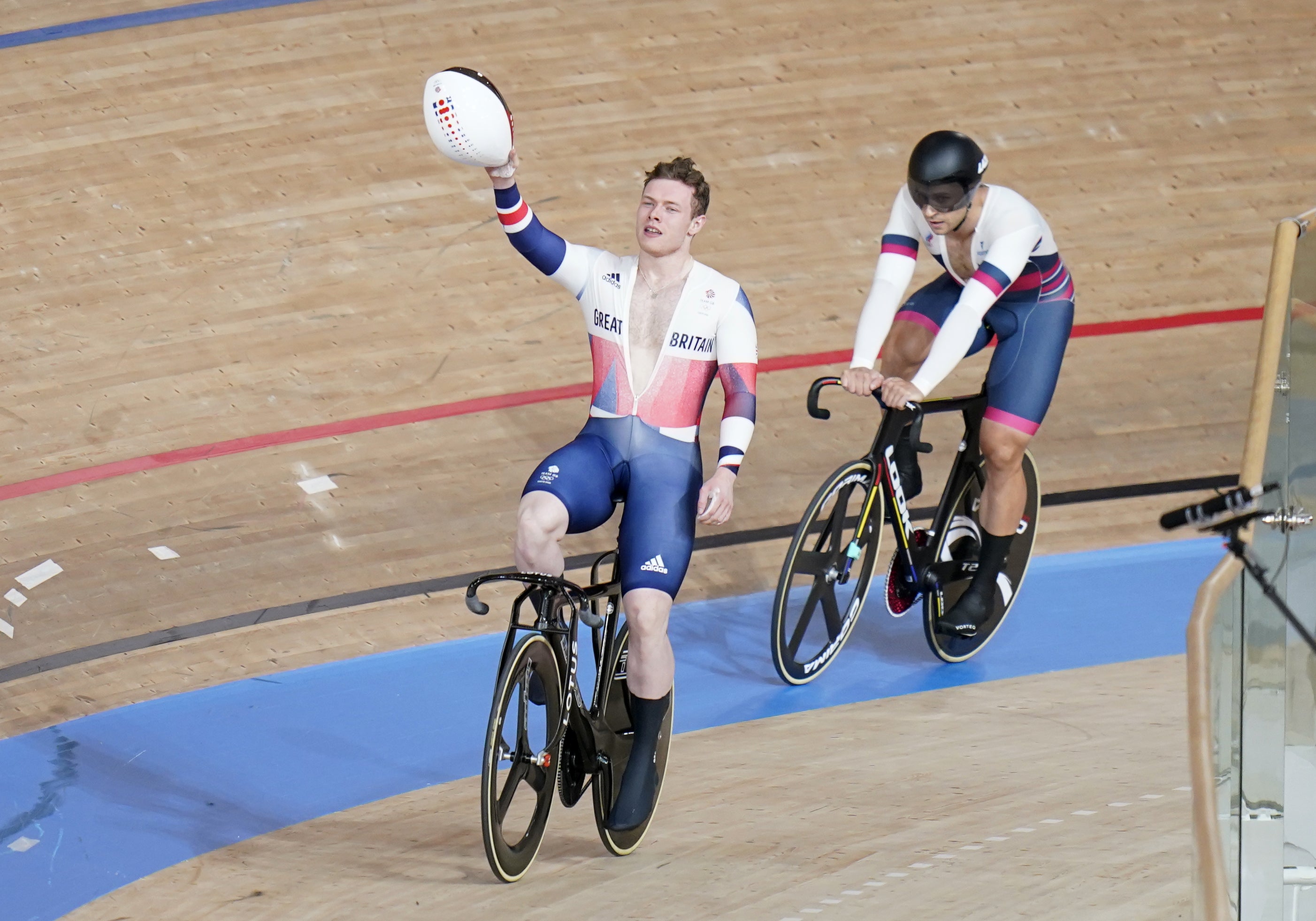 Great Britain’s Jack Carlin celebrates winning bronze in the men’s sprint at the Izu Velodrome.