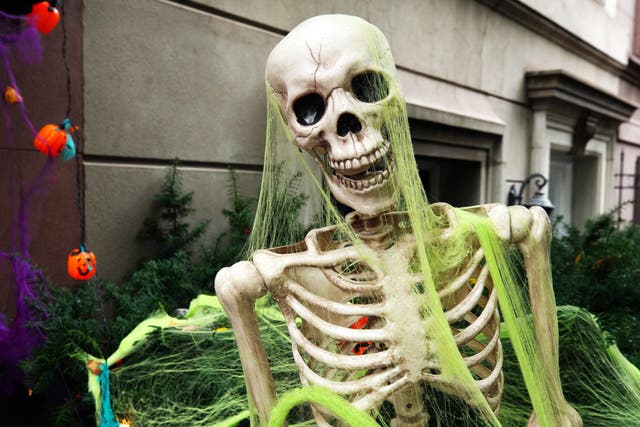 <p>A skeleton is part of a Halloween display in front of an Upper East Side home on 30 October 2020 </p>