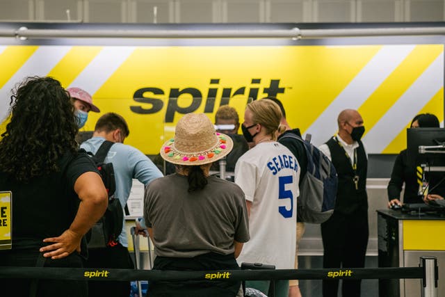 <p>People wait in line at a Spirit Airlines counter, at the George Bush Intercontinental Airport, on August 05, 2021 in Houston, Texas. </p>