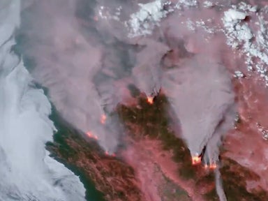 <p>Images shared by the National Oceanic and Atmospheric Administration (NOAA) from the Geostationary Operational Environmental Satellite West satellite show smoke billowing from the fires</p>