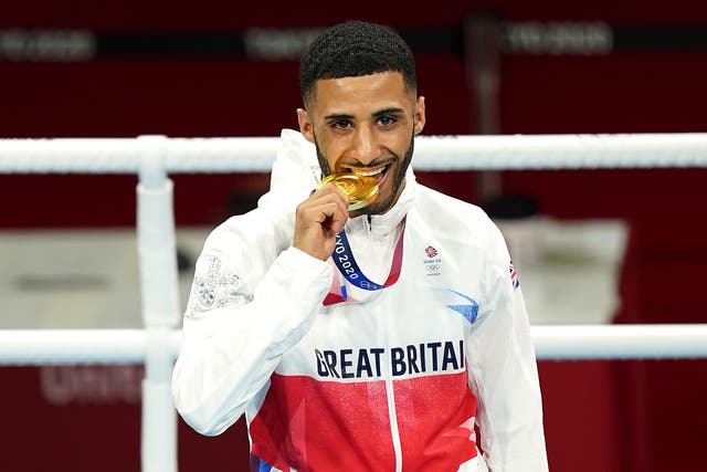 <p>Flyweight Galal Yafai celebrates Great Britain’s first boxing gold of the Tokyo Olympics </p>