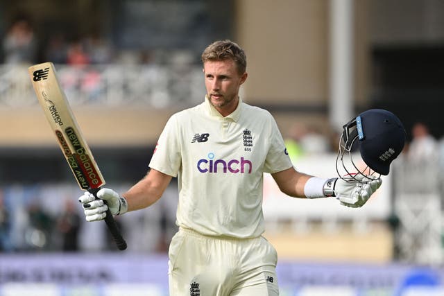 <p>England’s captain Joe Root celebrates a century against India</p>