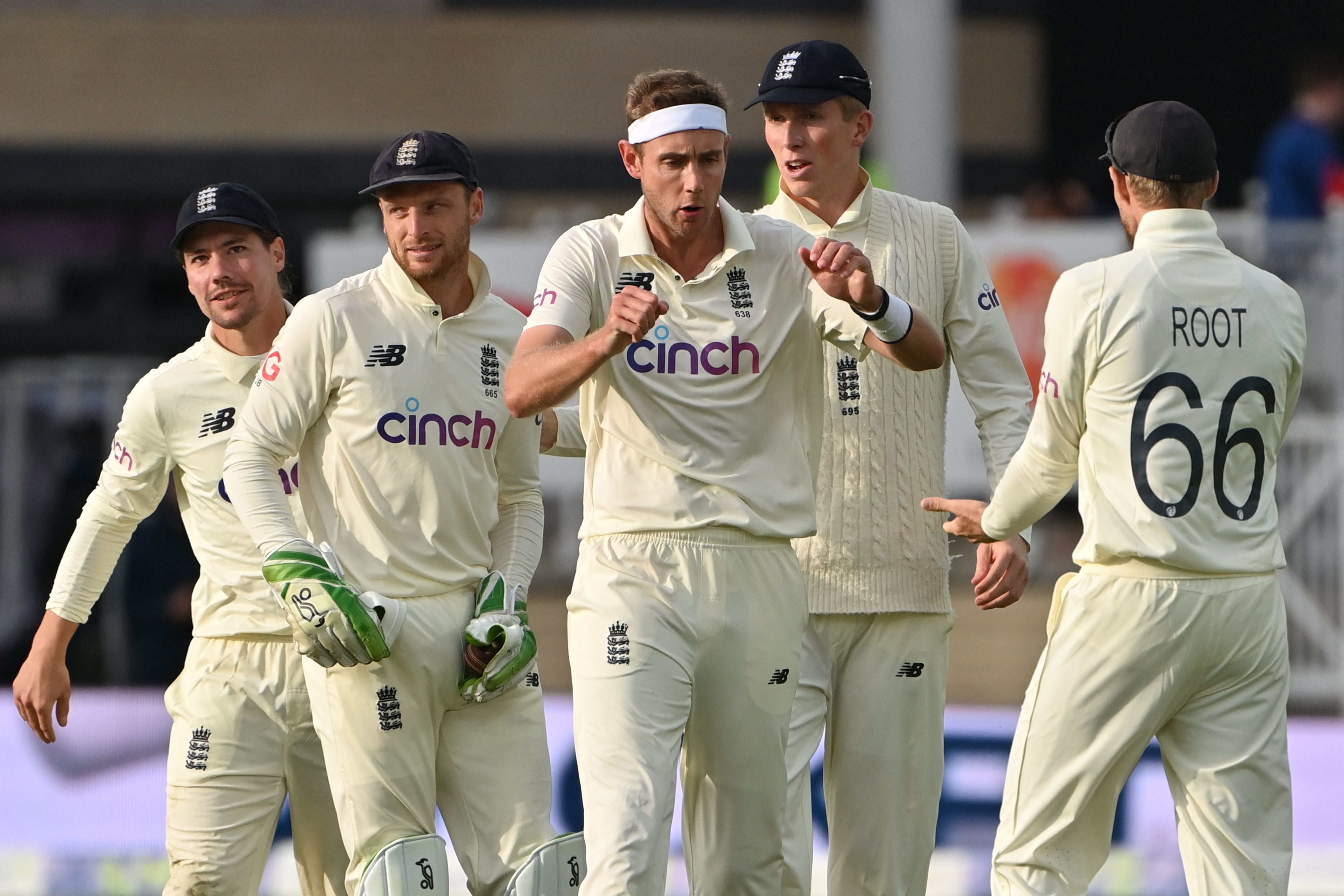 Stuart Broad celebrates taking the wicket of KL Rahul