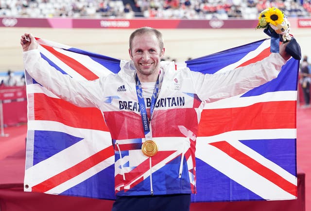 Great Britain’s Jason Kenny celebrates his keirin gold medal at the Izu Velodrome – his ninth Olympic medal and his seventh gold (Danny Lawson/PA Images).