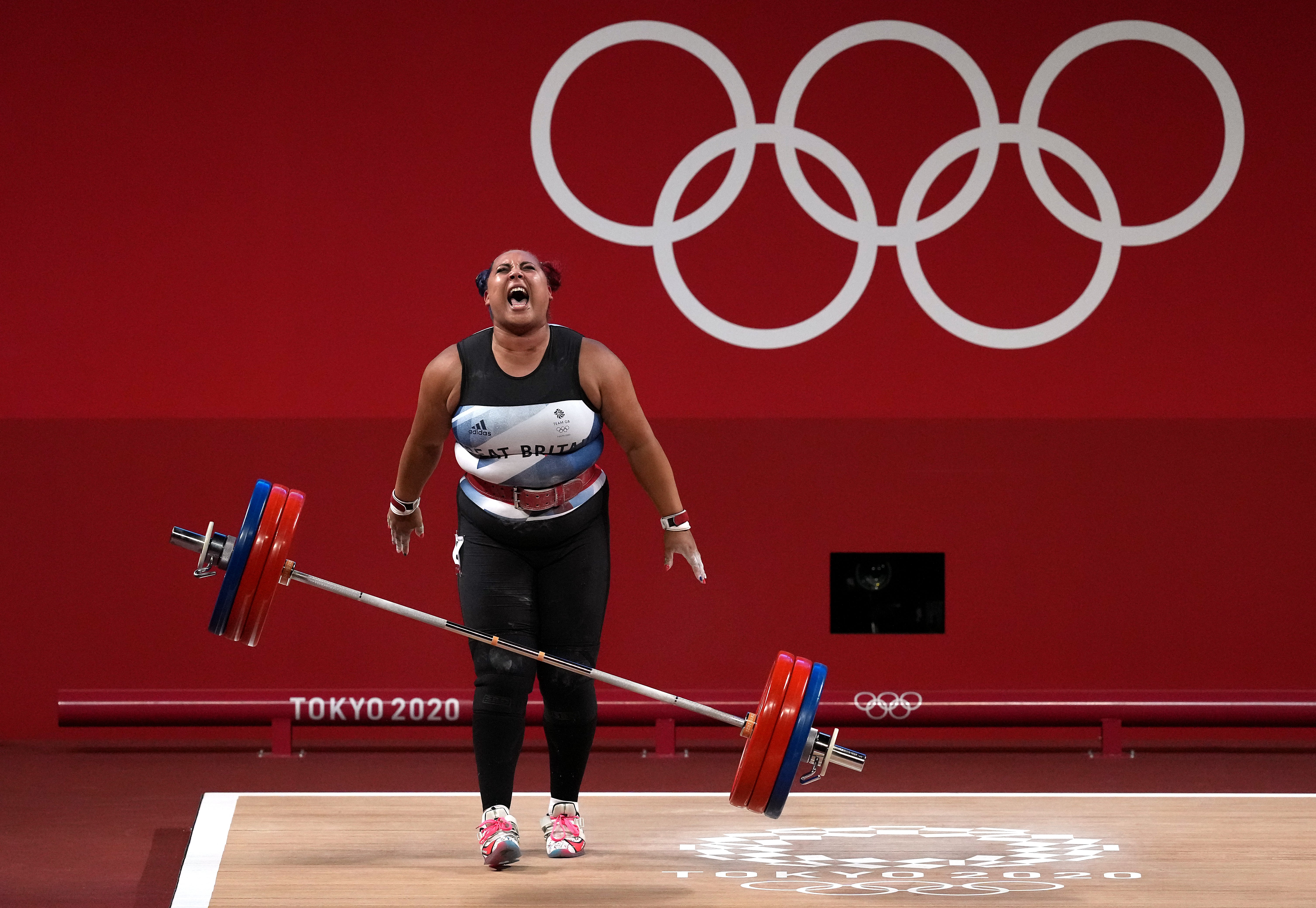 Great Britain’s Emily Campbell celebrates taking silver during the +87kg weightlifting (Martin Rickett/PA)