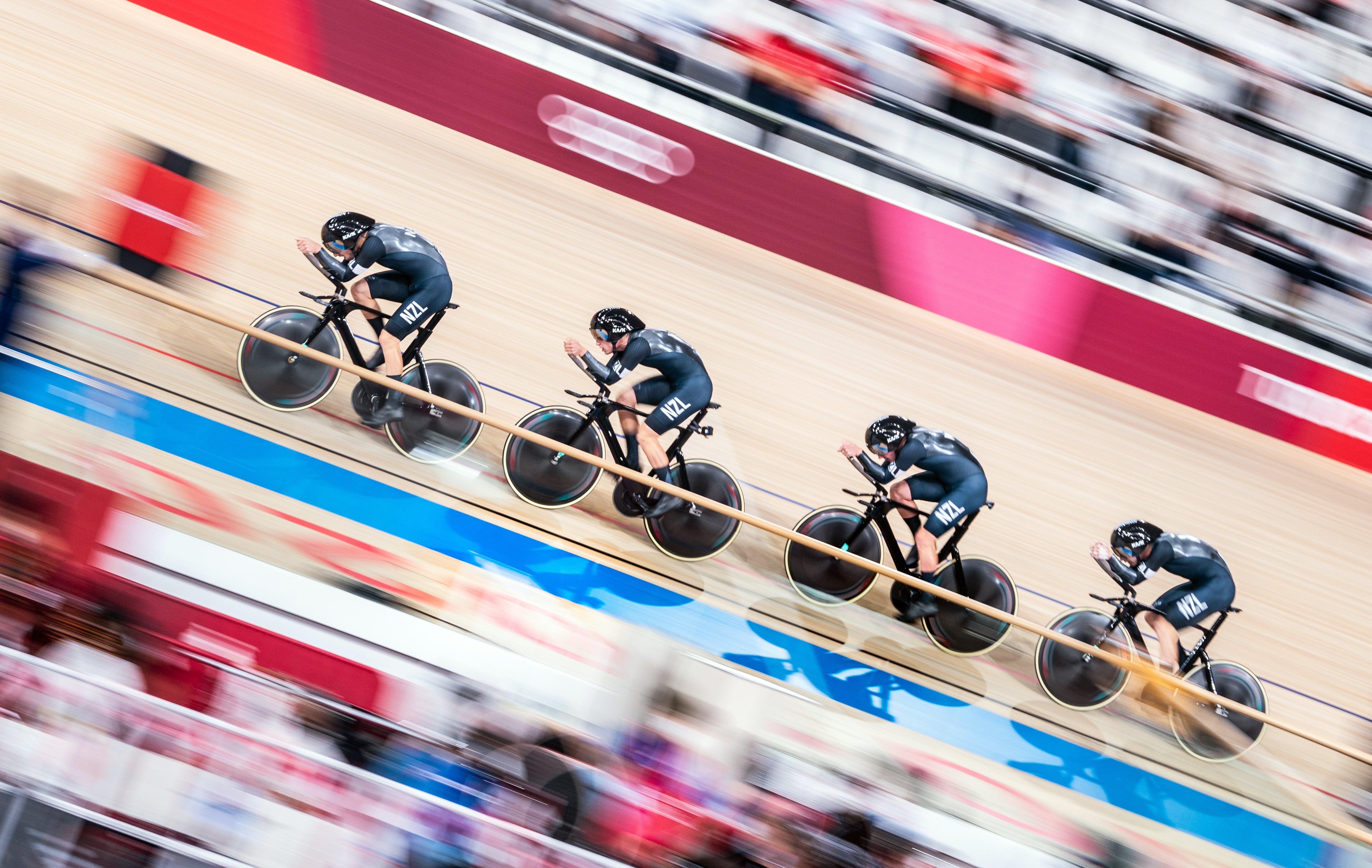 New Zealand in the men’s team pursuit finals during the track cycling at the Izu Velodrome on the 12th day of the Tokyo Games (Danny Lawson/PA)