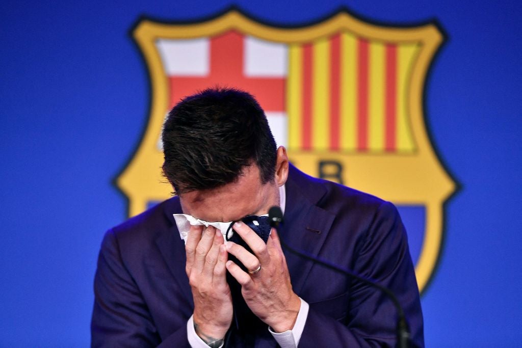 The six-time Ballon d’Or winner cries during Sunday’s press conference at the Camp Nou