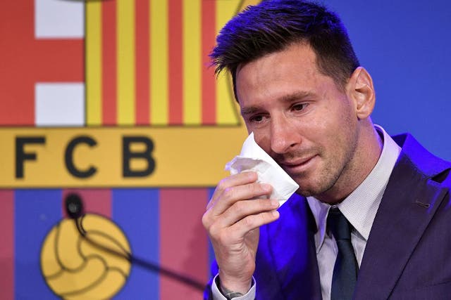 <p>The six-time Ballon d'Or winner cries during Sunday’s press conference at the Camp Nou</p>