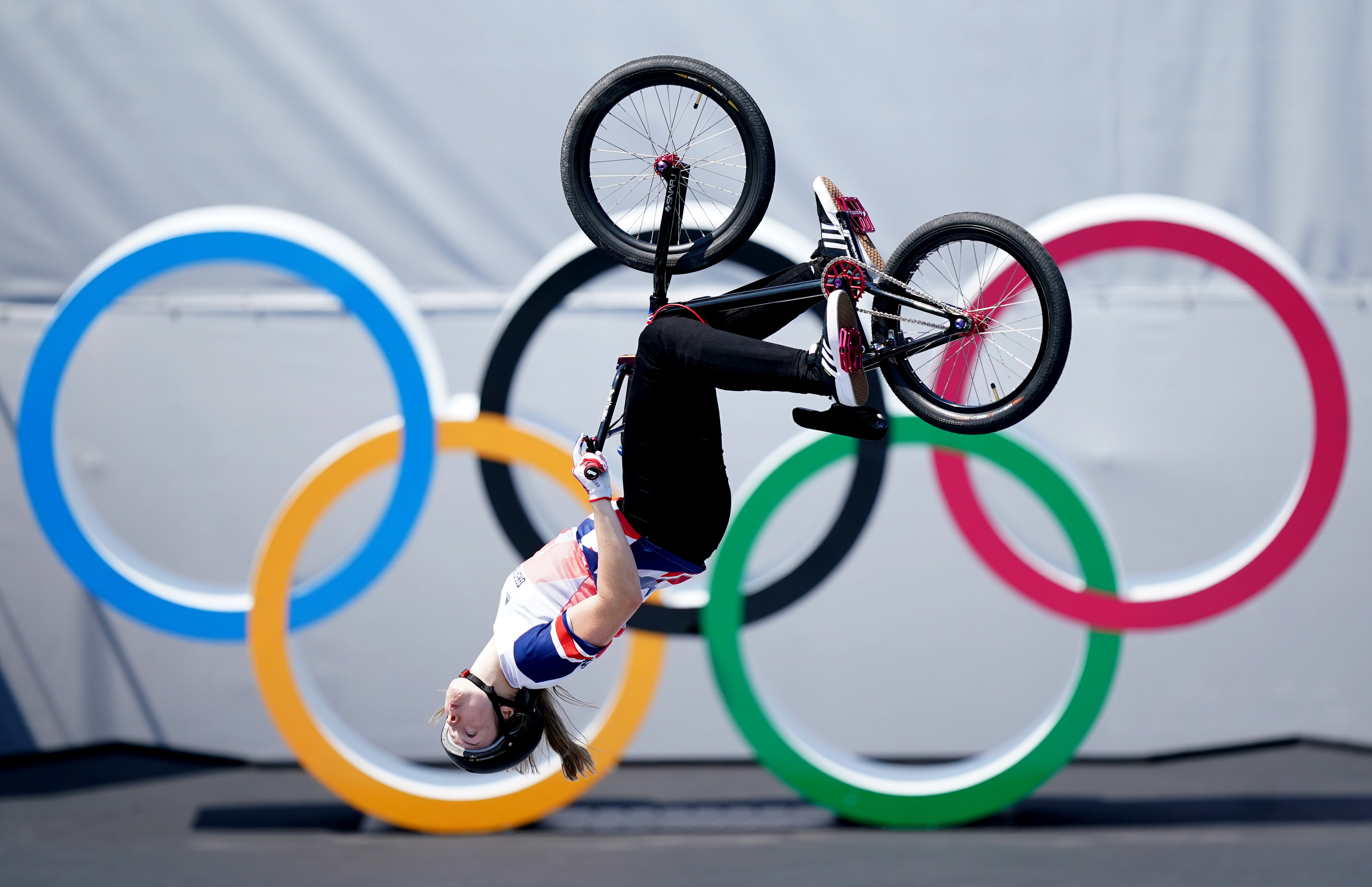 Great Britain’s Charlotte Worthington on her way to winning a gold medal in the women’s BMX freestyle on day nine of Tokyo 2020 (Mike Egerton/PA Images).