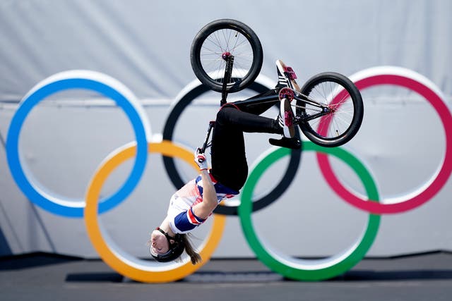 Great Britain’s Charlotte Worthington on her way to winning a gold medal in the women’s BMX freestyle on day nine of Tokyo 2020 (Mike Egerton/PA Images).