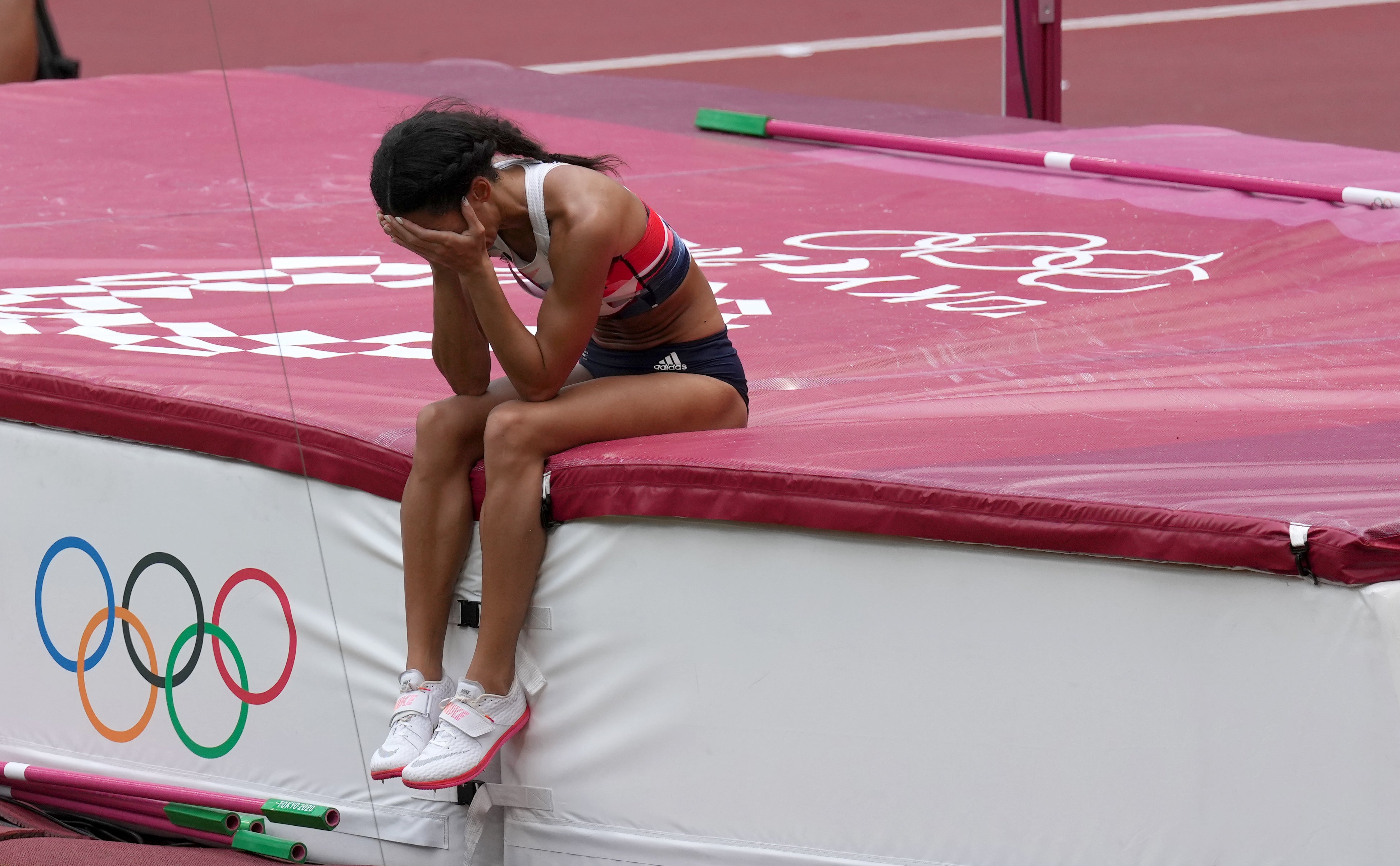 Katarina Johnson-Thompson appears dejected after failing the final attempt at 1.89m during the women’s heptathlon high jump (Martin Rickett/PA)