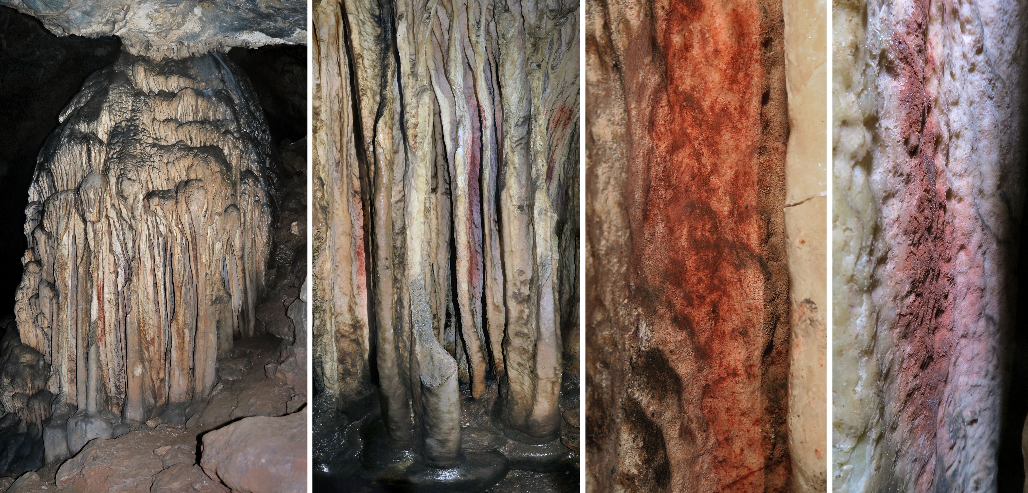 A general view and close-up of a partly coloured stalagmite tower in the Spanish cave of Ardales, southern Spain