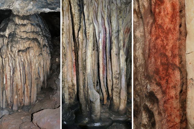 <p>A general view and close-up of a partly coloured stalagmite tower in the Spanish cave of Ardales, southern Spain</p>