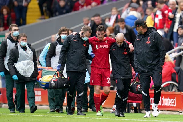An injury to Andy Robertson leaves manager Jurgen Klopp sweating on the fitness of his left-back for next weekend’s Premier League opener at Norwich (Nick Potts/PA)
