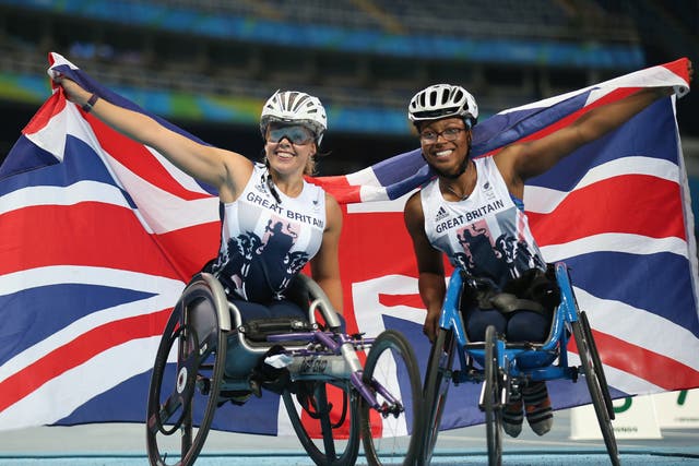 <p>Hannah Cockroft and Kare Adenegan of Team GB celebrate winning the gold and bronze in the Women’s 400m of the Rio 2016 Paralympic Games in Brazil</p>