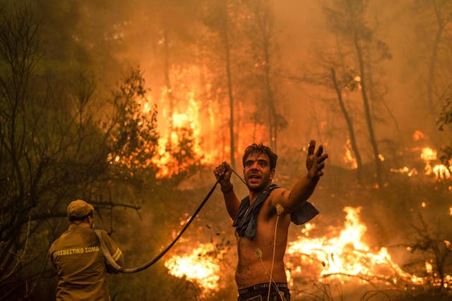 <p>A local resident on the Greek island of Evia holds a water hose during catastrophic wildfires in  August </p>