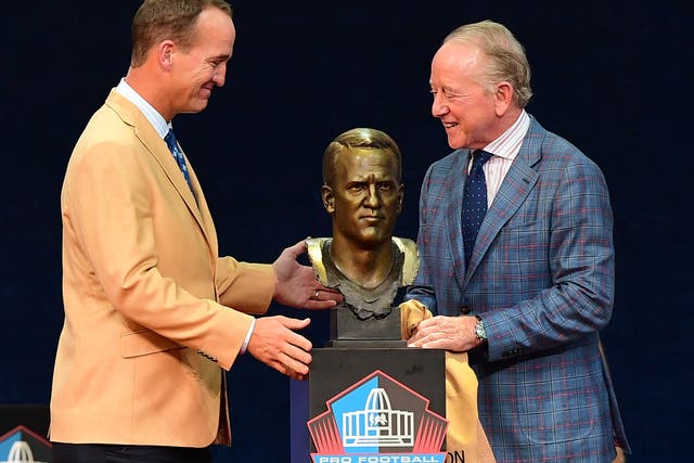 <p>Peyton Manning unveils his bust with his father Archie Manning during the NFL Hall of Fame Enshrinement Ceremony at Tom Benson Hall Of Fame Stadium on August 08, 2021 in Canton, Ohio.</p>