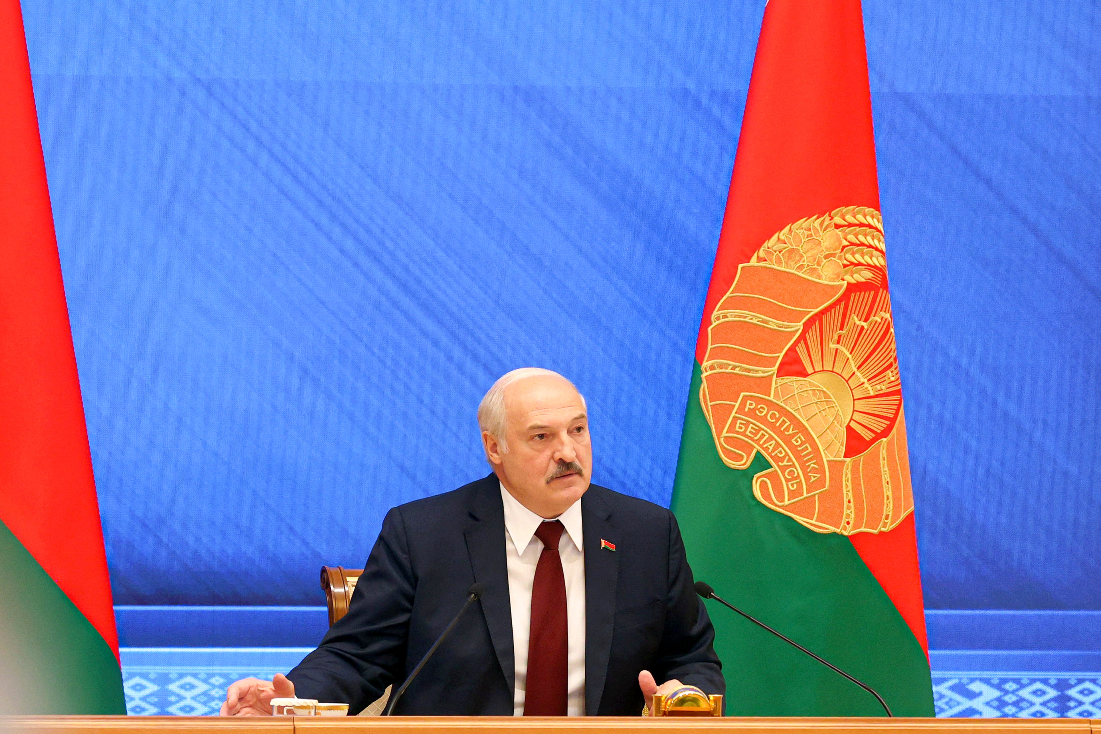 Belarusian president Alexander Lukashenko speaks during an annual press conference in Minsk, Belarus