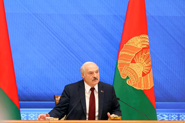 <p>Belarusian president Alexander Lukashenko speaks during an annual press conference in Minsk, Belarus</p>