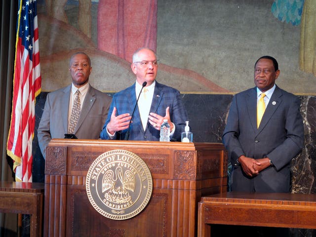 <p>Louisiana Gov. John Bel Edwards talks to the media after Republican lawmakers failed in their effort to override any of his vetoes in a two-day legislative gathering that ended on Wednesday, 21 July, 2021, in Baton Rouge, La.</p>