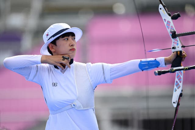 <p>South Korea’s An San competes in the women’s individual during the Tokyo 2020 Olympic Games at Yumenoshima Park Archery Field in Tokyo on 30 July 2021</p>