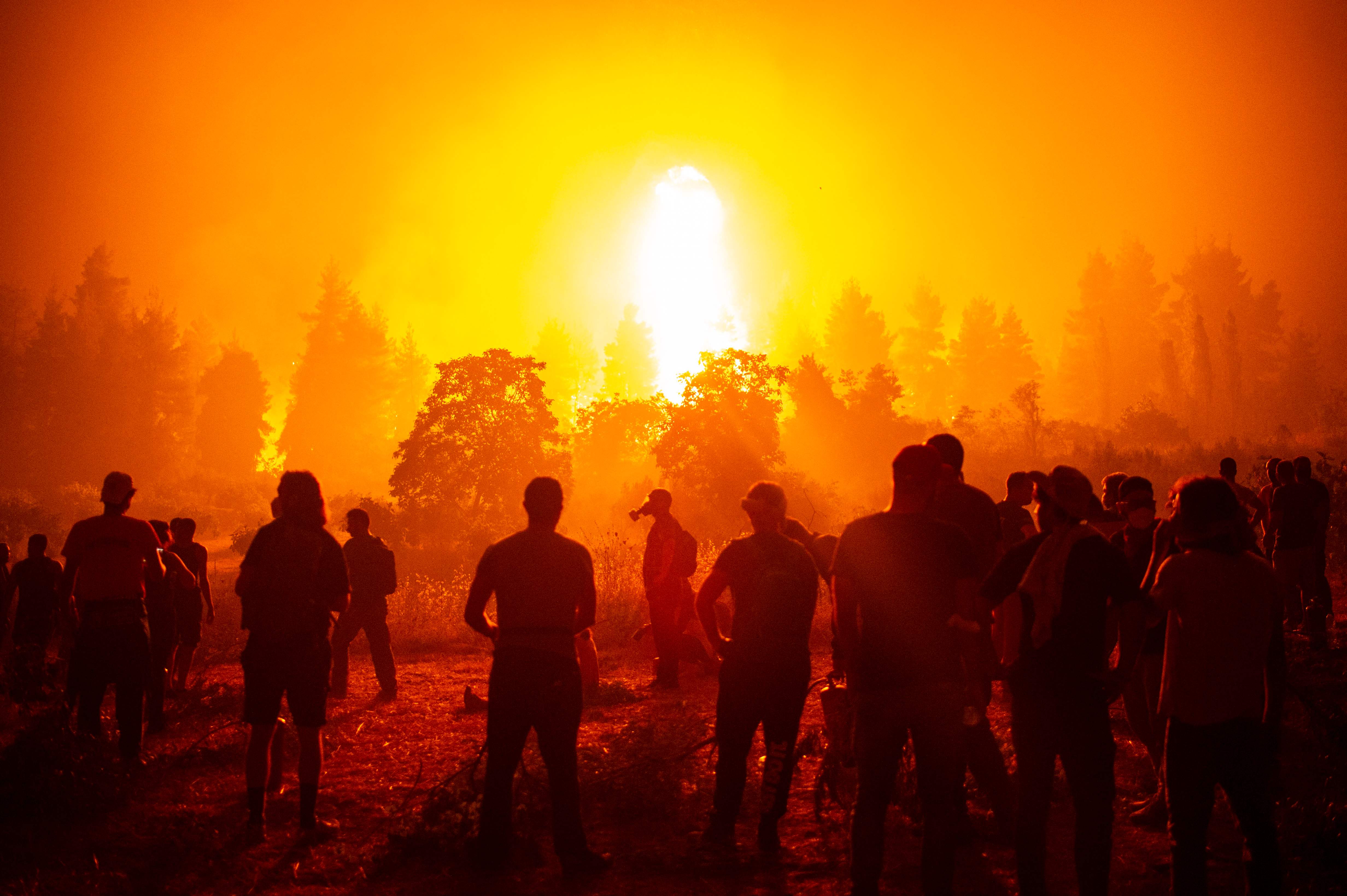 <p>Local youths and volunteers gather in an open field and wait to support firefighters during a wildfire next to the village of Kamatriades, near Istiaia, northern Evia, Greece</p>