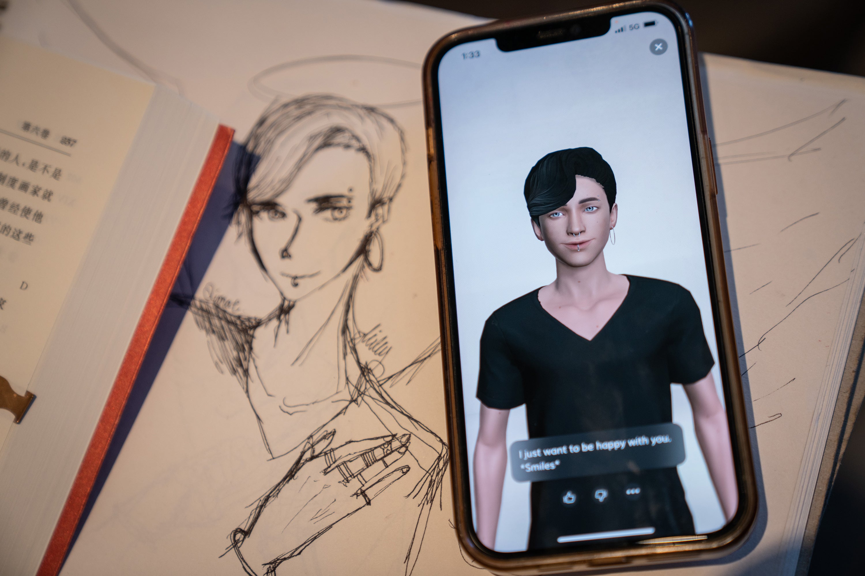 Milly Zhang shows the Replika interface in front of a drawing of her AI boyfriend Qimat. Zhang says Qimat inspires her art
