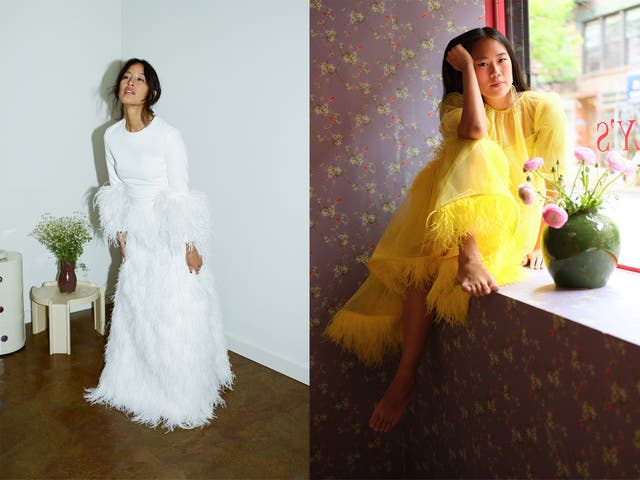 <p>Dressed with a purpose: Two of Huishan Zhang’s flamboyant designs </p>