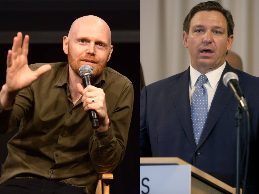 <p>Bill Burr (left) has criticised Ron DeSantis (right) over his stance against mask mandates</p>