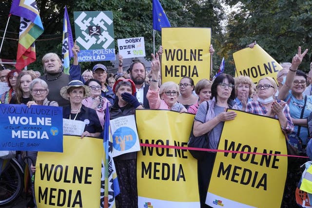 <p>A protest in Warsaw in defence of media freedom this week</p>