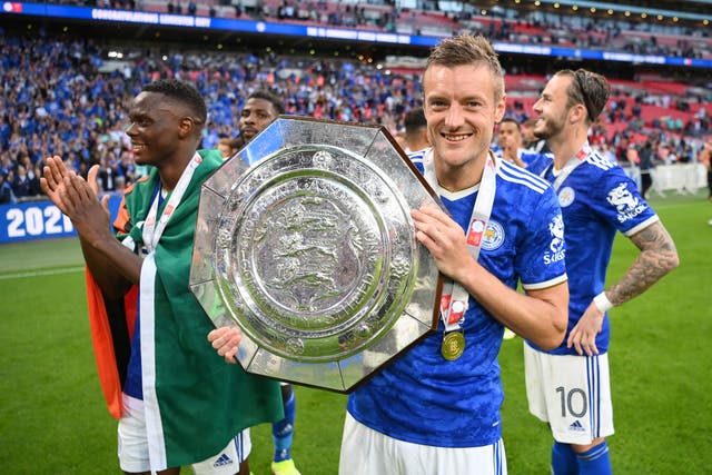 <p>Jamie Vardy celebrates after Leicester defeated Manchester City in the Community Shield</p>