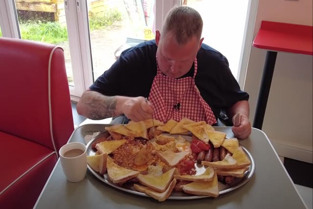 <p>Danny Malin tries the Terminator 3 breakfast at Shepherd’s Place Farm</p>