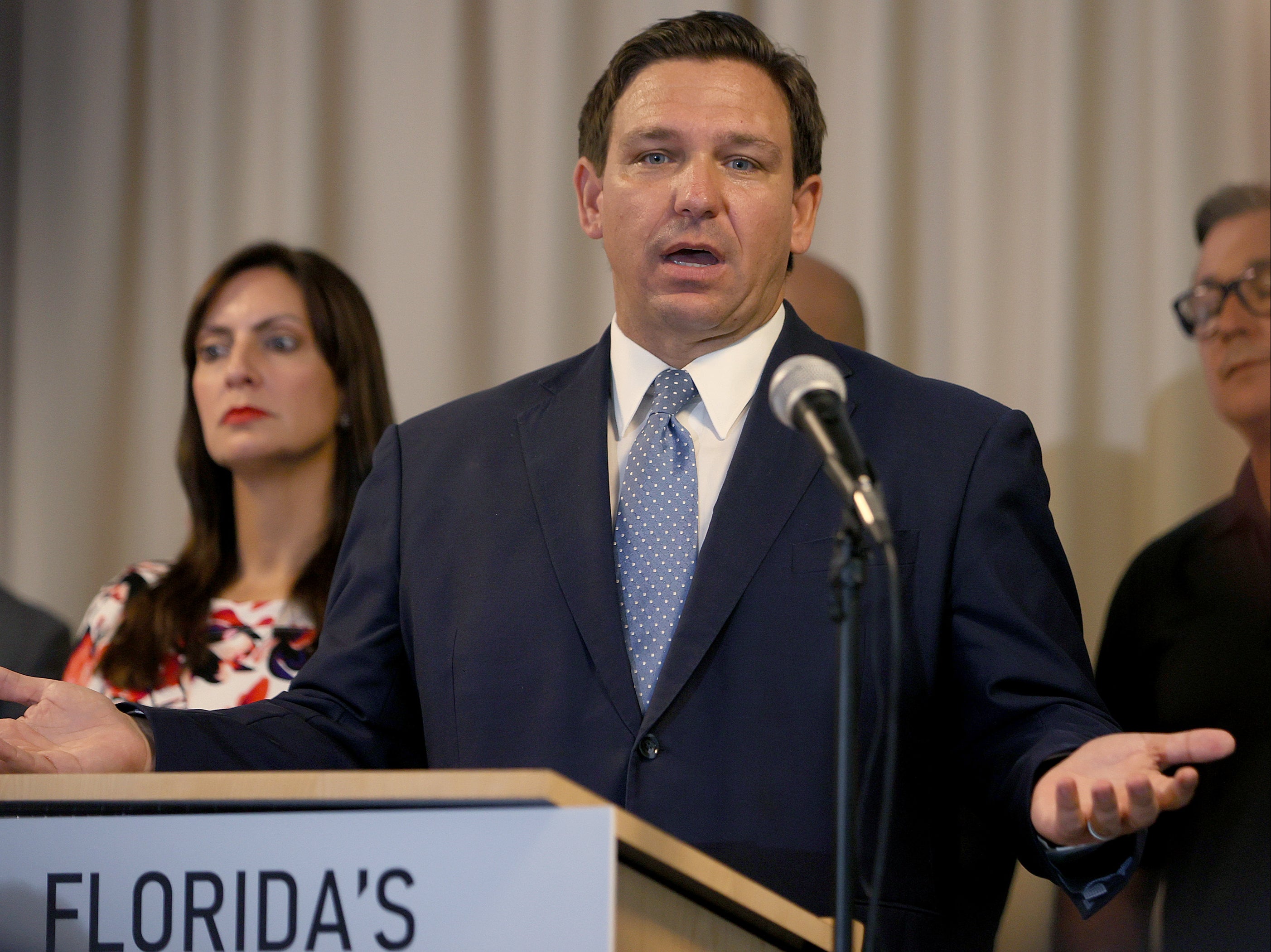 <p>Florida Gov Ron DeSantis speaks during an event to give out bonuses to first responders held at the Grand Beach Hotel Surfside on 10 August 2021 in Surfside, Florida</p>