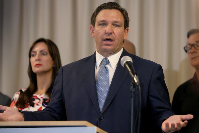<p>Florida Gov Ron DeSantis speaks during an event to give out bonuses to first responders held at the Grand Beach Hotel Surfside on 10 August 2021 in Surfside, Florida</p>