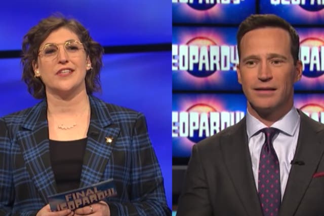 <p>Mayim Bialik (left) and Mike Richards (right) will share hosting duties on ‘Jeopardy!'</p>