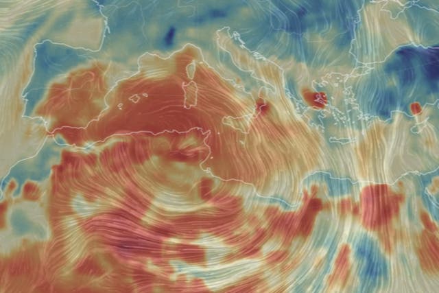 <p>A computer model depicts the combination of heat and humidity across North Africa and Europe on Wednesday.</p>