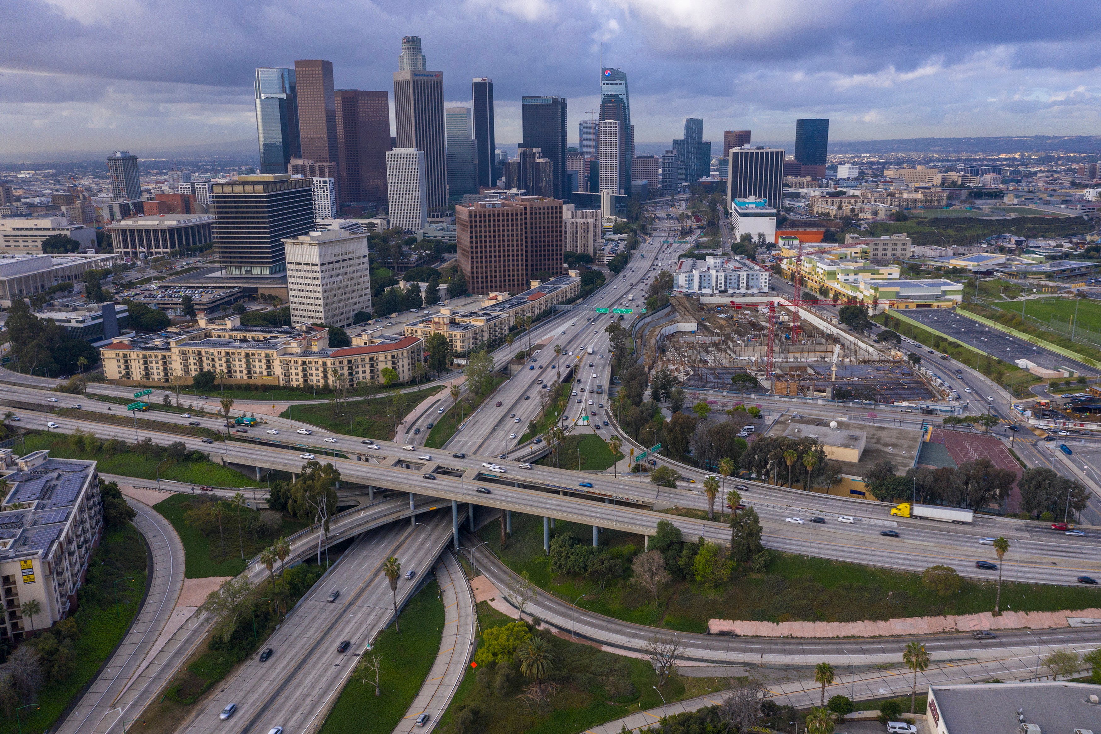 Freeway traffic on the 110 and 101 March 19, 2020 in Los Angeles, California.